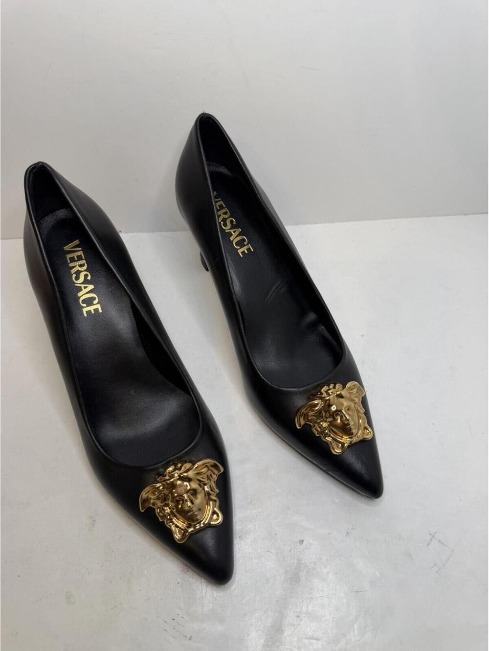 Versace Medusa Leather Pumps Black Gold Pointed Toe Heels EU 36 New